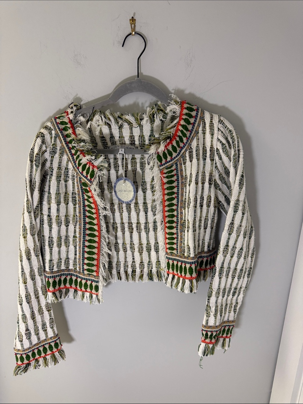 Cropped Fringe Jacket in White & Green Embroidery‎